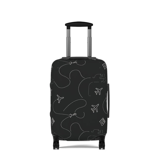 Travel Pattern Luggage Cover — Black Airplane & Suitcase Design - kaon_place