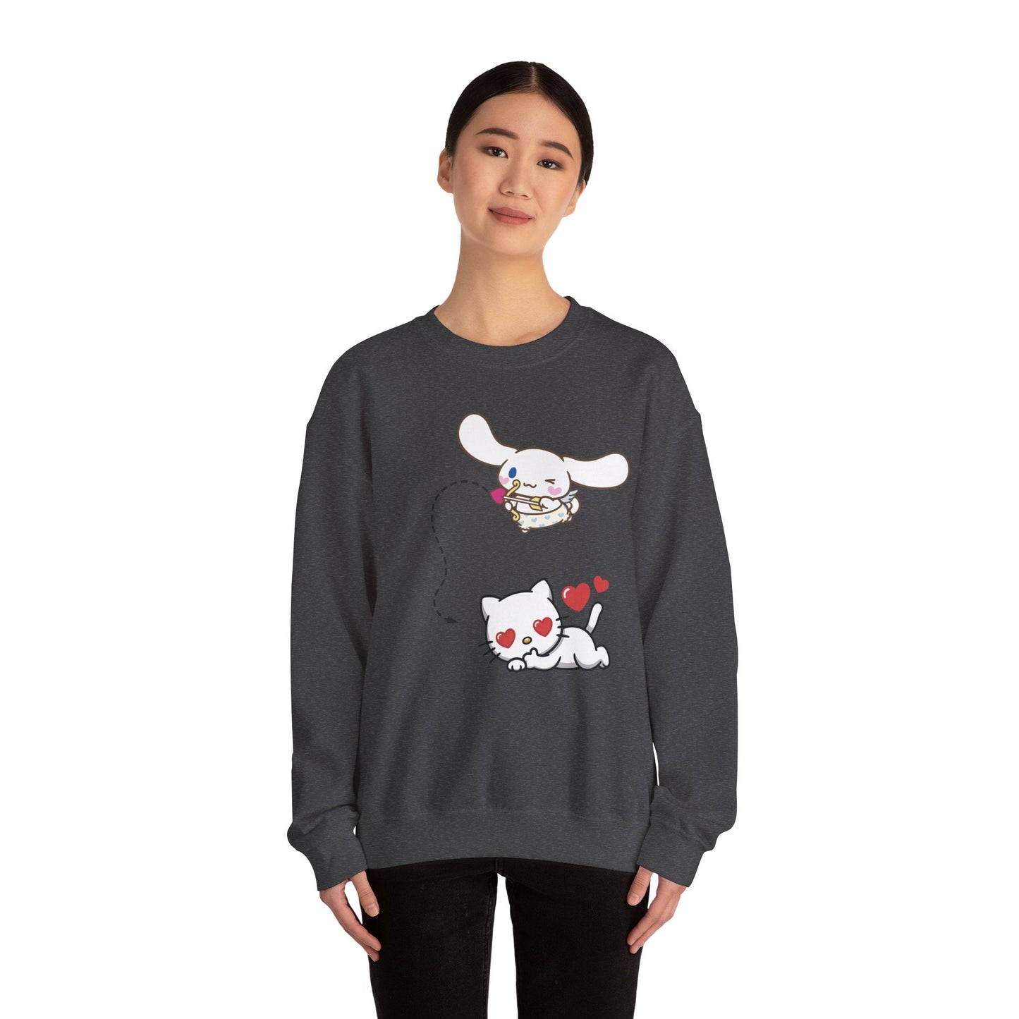 Cute Cinnamoroll & Kitty Graphic Sweatshirt — Kawaii Heart Cat Crewneck - kaon_place
