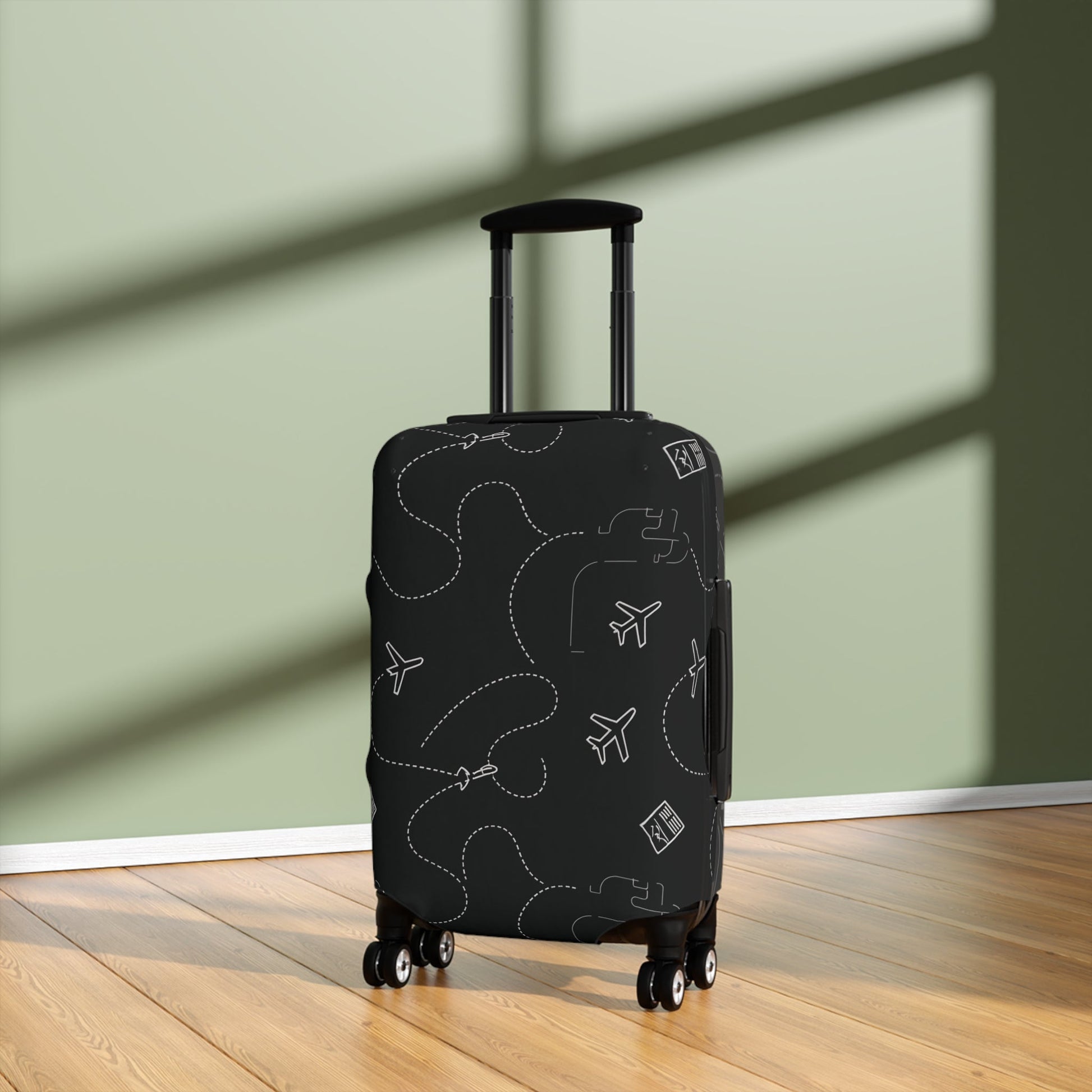 Travel Pattern Luggage Cover — Black Airplane & Suitcase Design - kaon_place