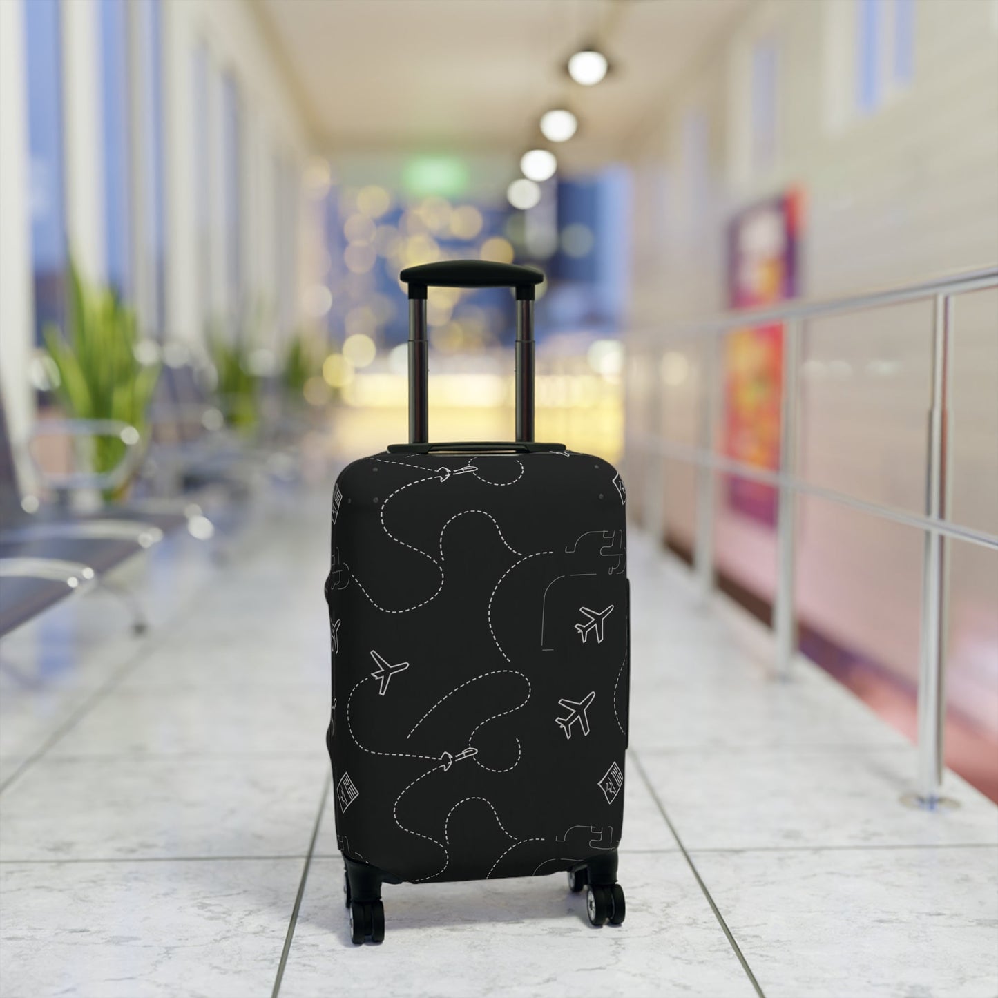 Travel Pattern Luggage Cover — Black Airplane & Suitcase Design - kaon_place