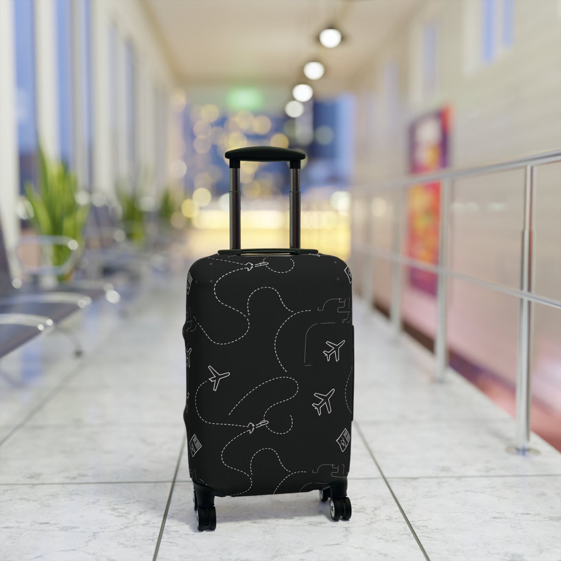Travel Pattern Luggage Cover — Black Airplane & Suitcase Design - kaon_place